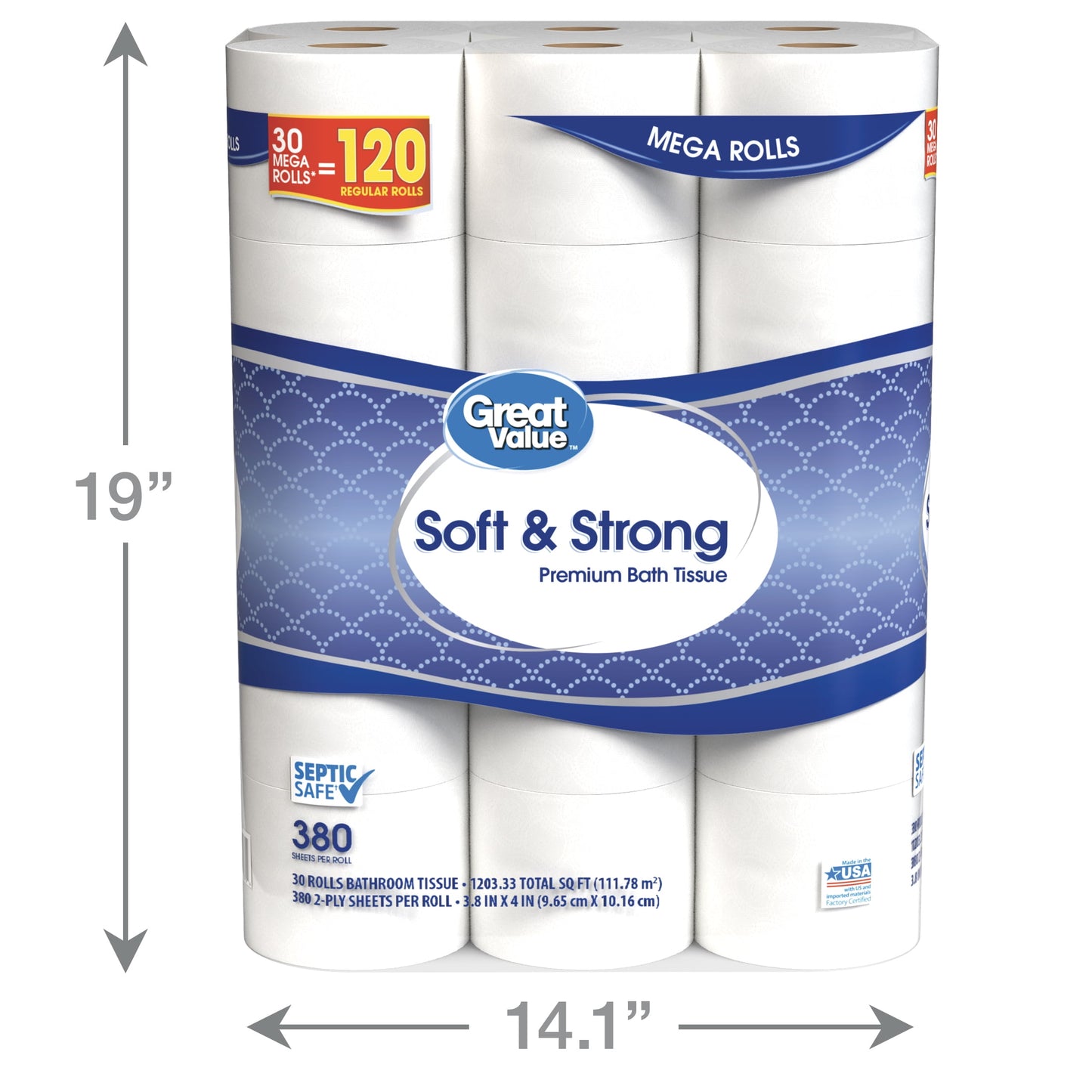 Great Value Soft & Strong Premium Toilet Paper, 30 Mega Rolls, 380 Sheets per Roll