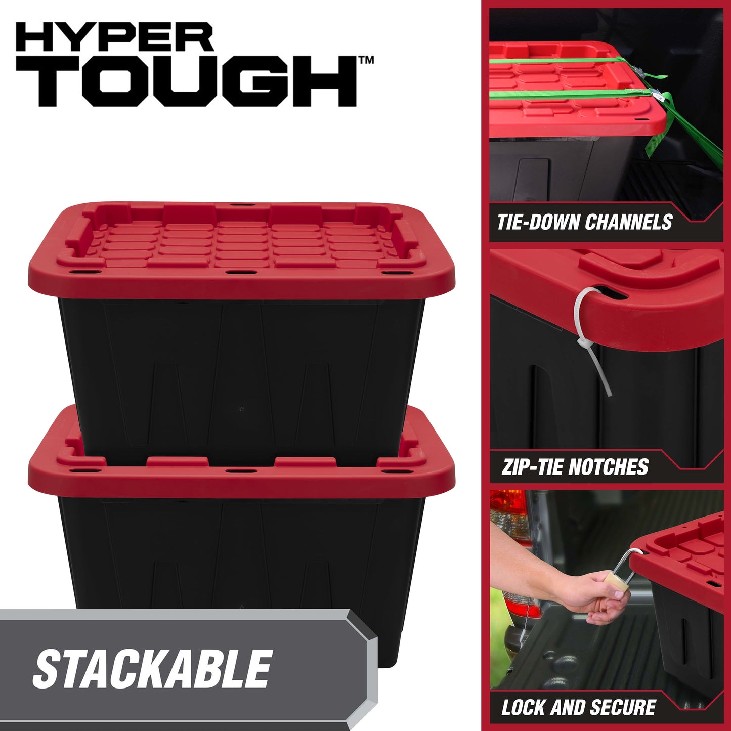 (Pack of 4) Hyper Tough 12 Gallon Small Storage Bin with Snap Lid, Black and Red, Heavy Duty Plastic Storage Container