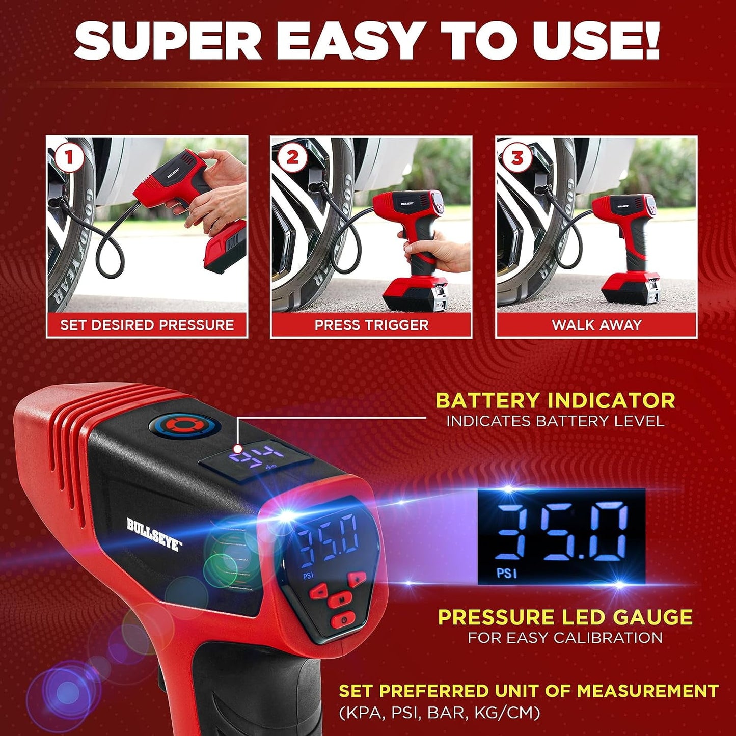 Bullseye Pro Inflador de Llantas 150 PSI Compresor de Aire Eléctrico Bomba de Aire Portátil Auto Bicicleta LED 12V DC Rojo