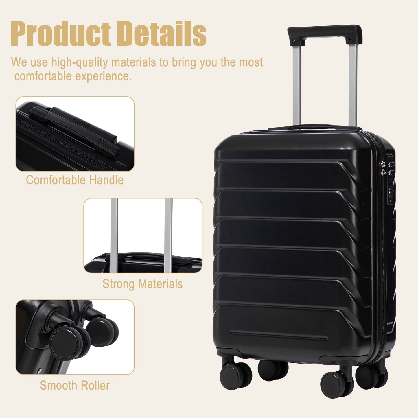 Leumius Hardside Carry on Luggage with Spinner Wheels, Hard Shell ABS Suitcase, 20-Inch Lightweight Expandable Rolling Luggage, Black