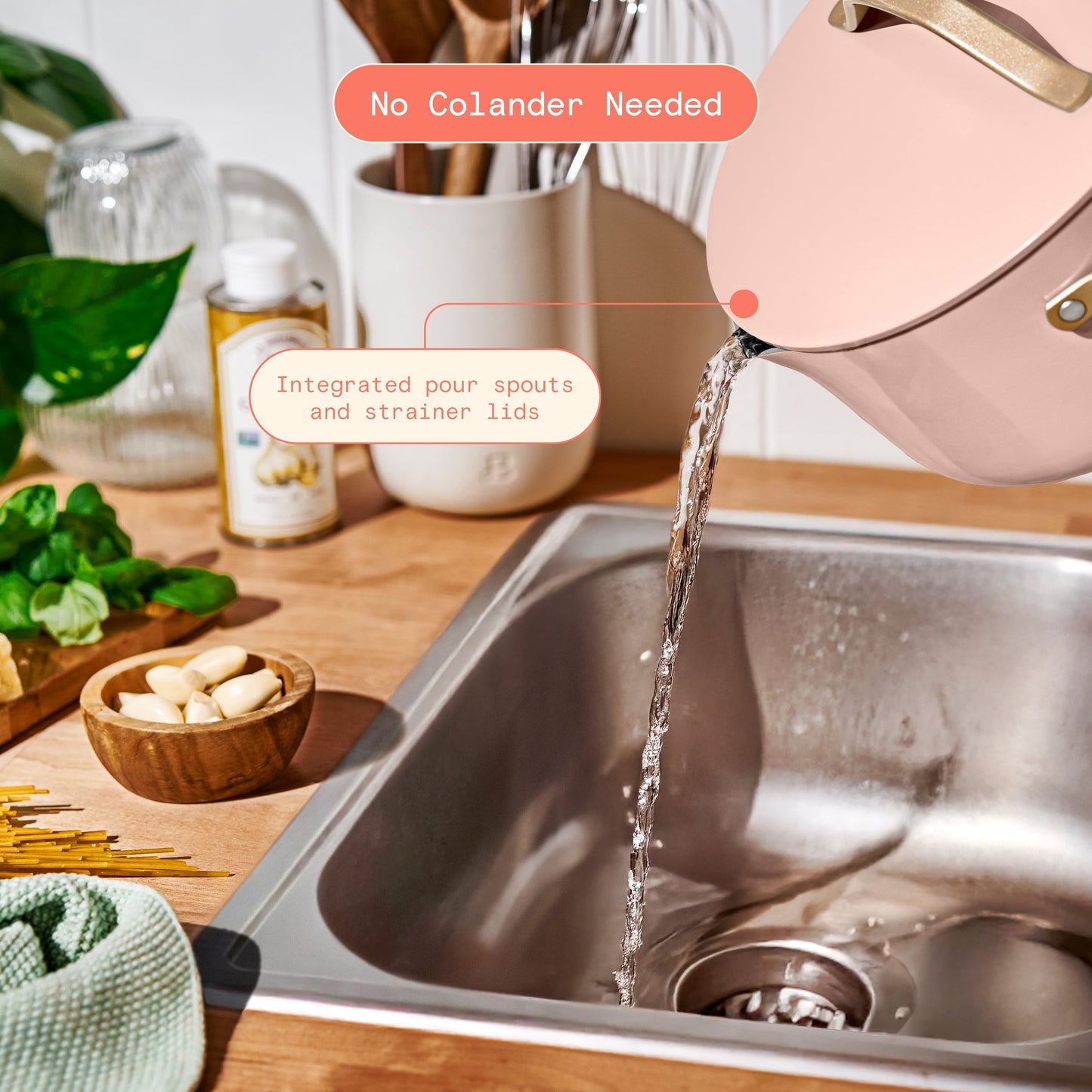 Beautiful 12-Piece Evergood Non-Toxic Ceramic Nonstick Coating Cookware Set, Pots and Pans with Strainer Lids, Rose by Drew Barrymore
