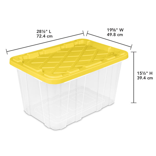 Sterilite Large Industrial Storage Tote, 27 Gallon Durable Clear Plastic Storage Bin with Snap-Fit Lid, Yellow, 4 Pack