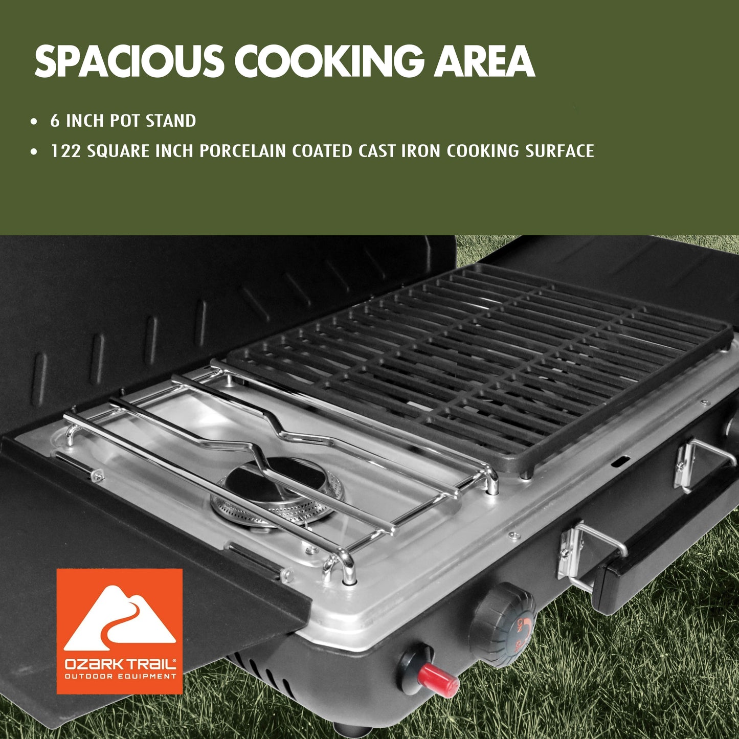 Ozark Trail 2 Burner Black Propane 2-in-1 Portable Camp Stove and Grill, Model GCT2220WD, New