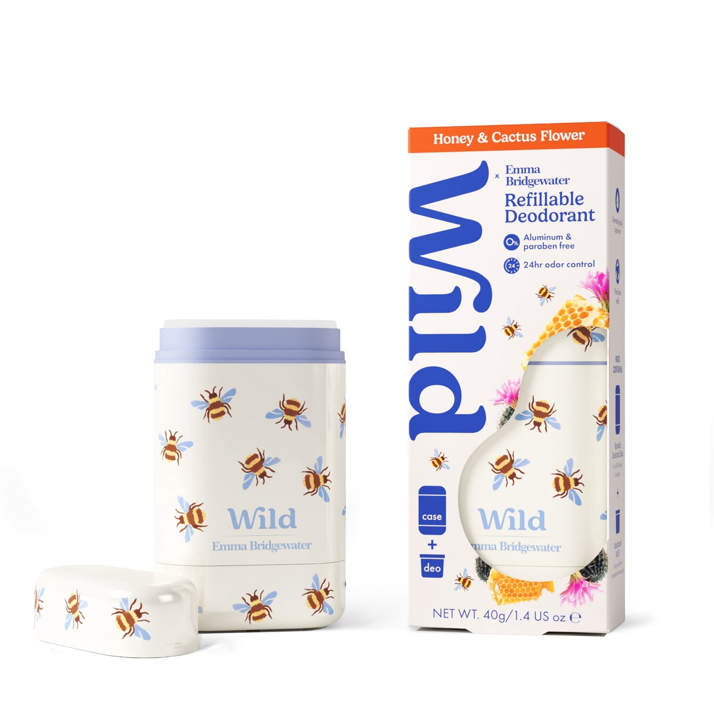 Wild Refillable Deodorant Starter Pack – Aluminum Free. Emma Bridgewater Bee Case + Honey & Cactus Flower Refill, for Women and Men, 1.4oz