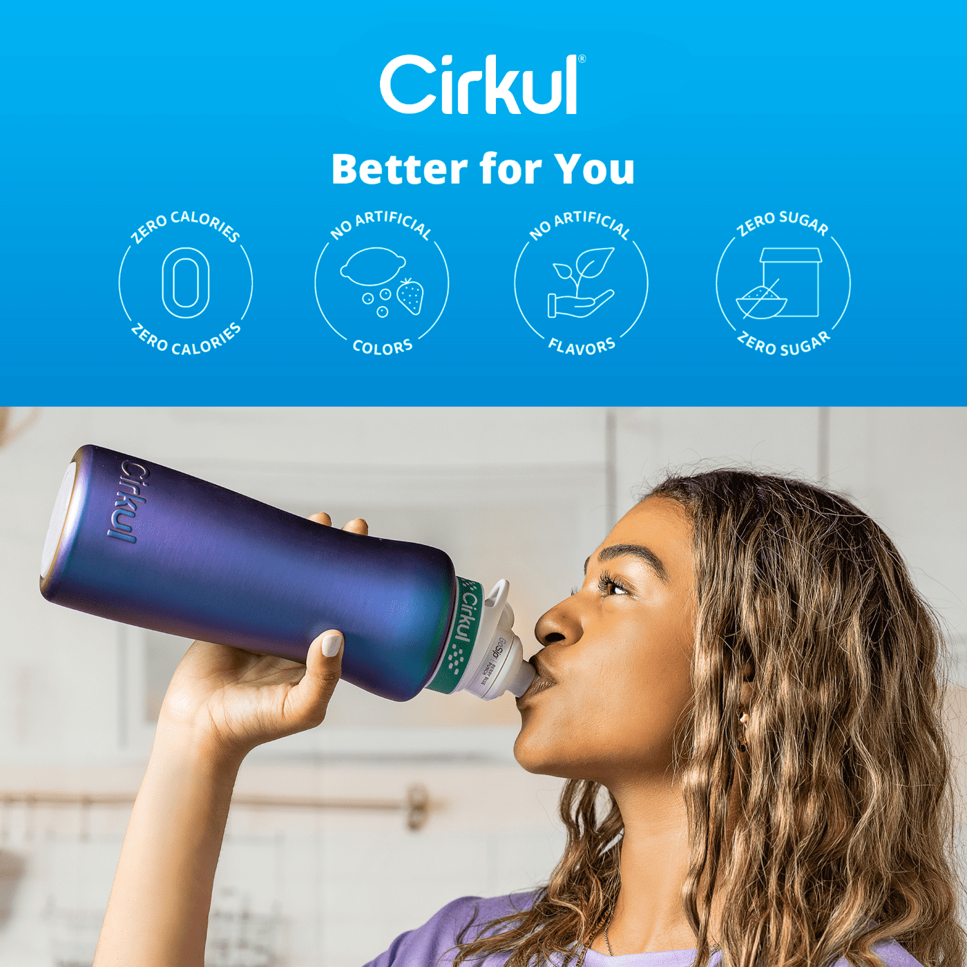 Cirkul 32oz Chameleon Stainless Steel Starter Kit with Chameleon Cirkul Lid 2.0 and 2 Flavor Cartridges (Blackberry Blueberry & Berry Blue Punch)