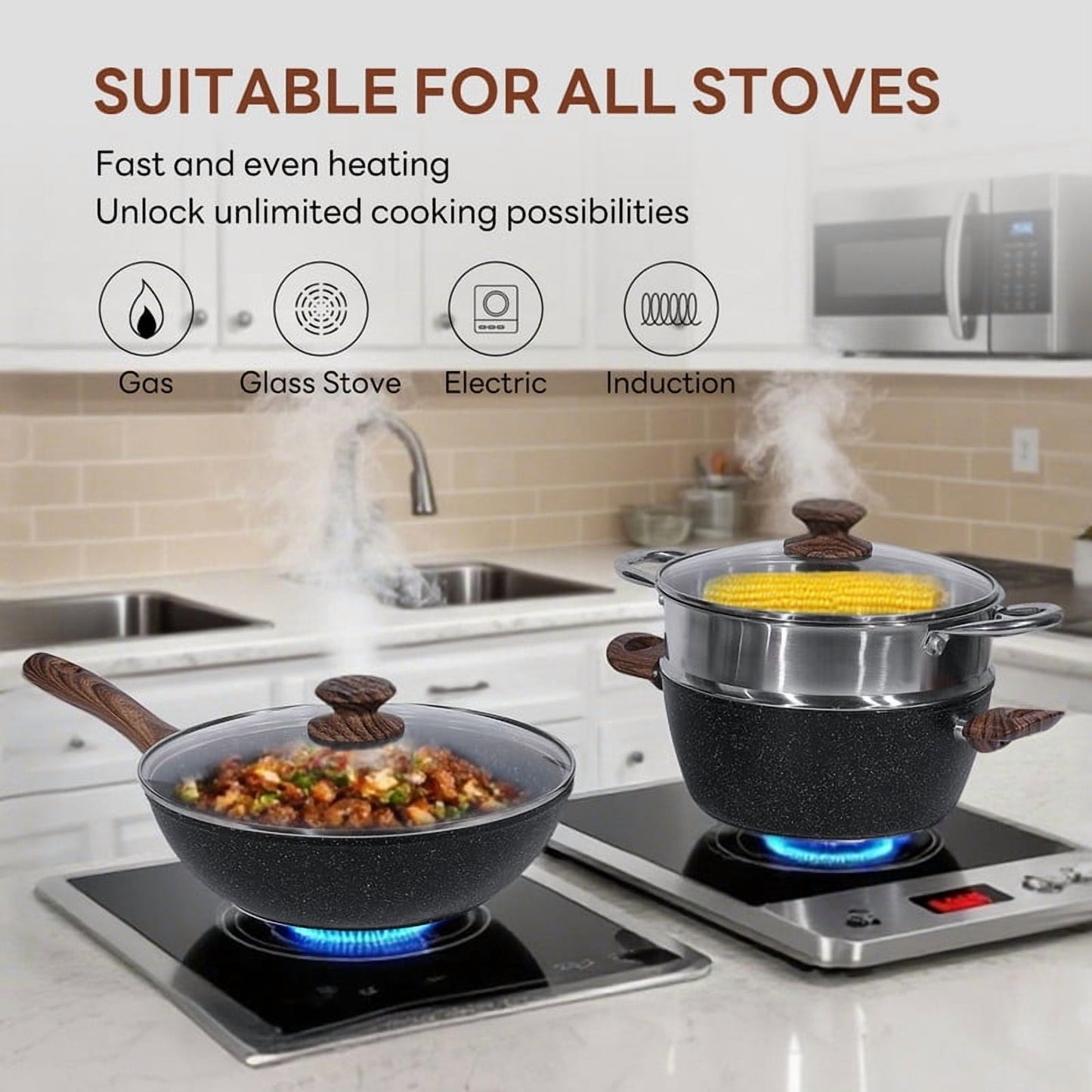 Gianna 17 Pcs Nonstick Pots and Pans, Non-toxic Kitchen Cooking Set with Stay-Cool Handles, Black