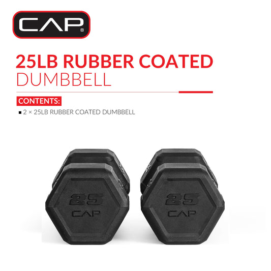 New CAP, 25lb Coated Rubber Hex Dumbbell, Pair (Ergonomic Contoured Steel Handle, Durable Rubber Coated Weight set)