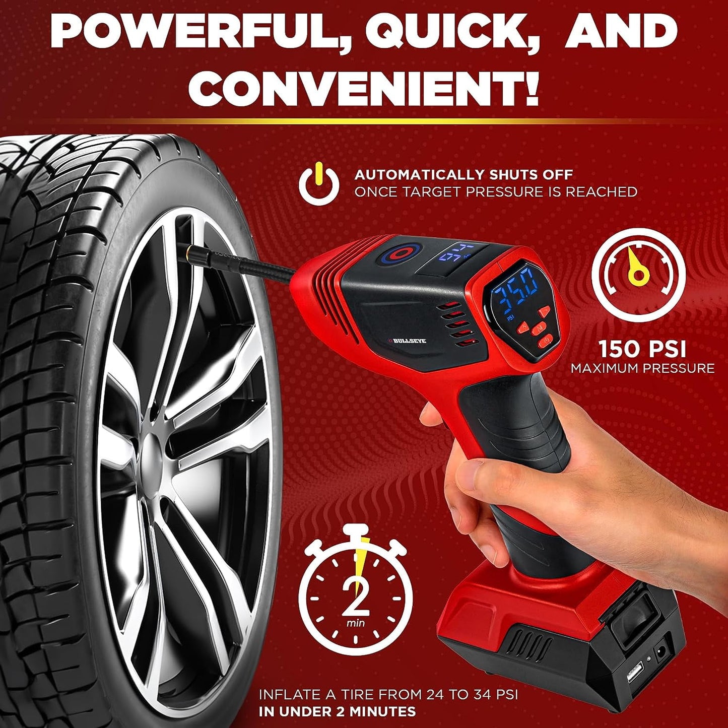 Bullseye Pro Inflador de Llantas 150 PSI Compresor de Aire Eléctrico Bomba de Aire Portátil Auto Bicicleta LED 12V DC Rojo