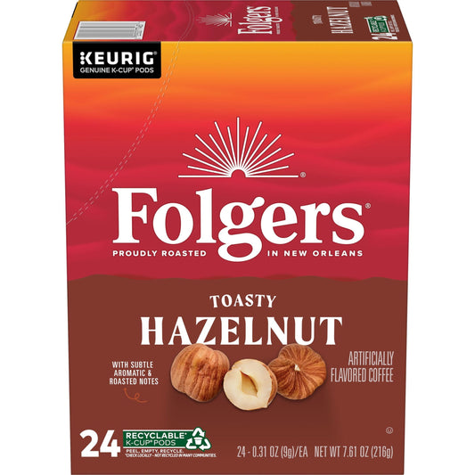 (4 pack) Folgers Toasty Hazelnut Artificially Flavored Coffee, Keurig K Cups, 24 Count Box