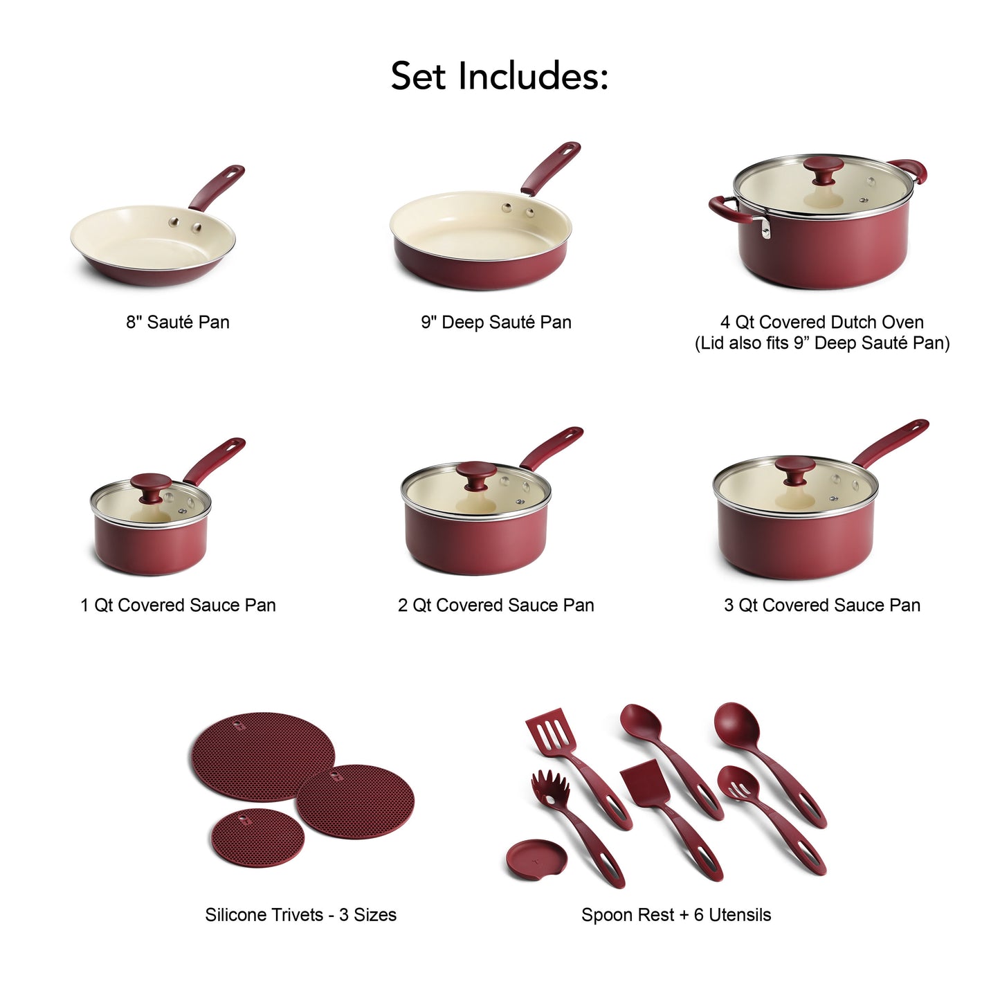 Tramontina Ceramaware 20-Piece Ceramic Nonstick Cookware Set, Wine
