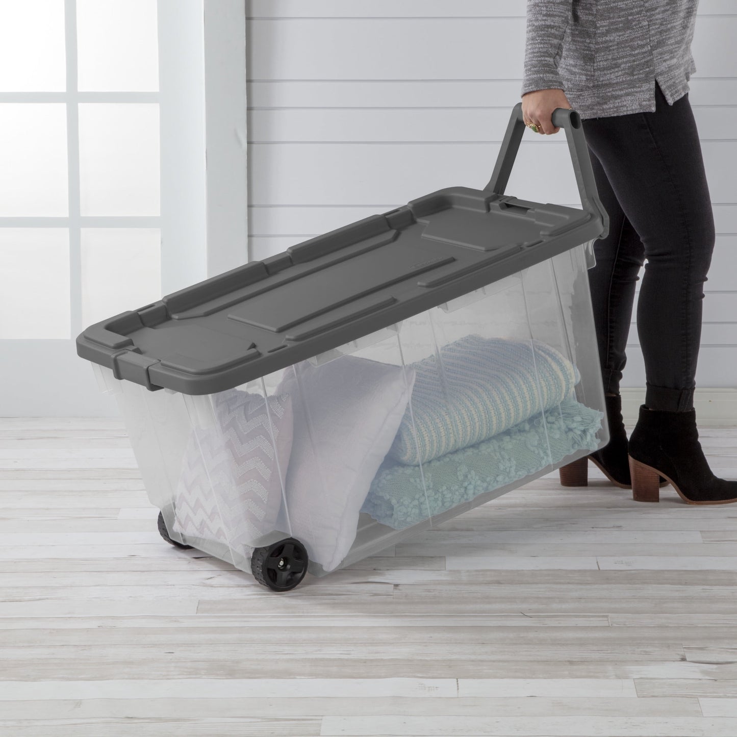 (2 pack) Sterilite 160 Quart Extra-Large Wheeled Storage Bin, Clear Storage Container with Latch Lid and Pull Handle, Durable, Dark Gray