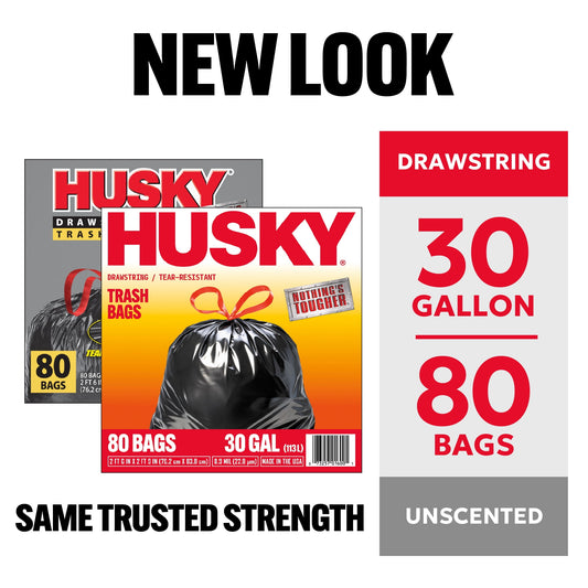 Husky 30 Gallon Large Drawstring Trash Bags, 80 Bags