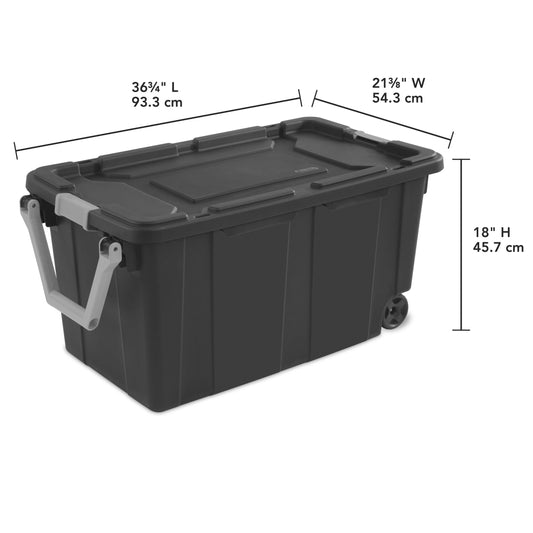Sterilite Extra-Large Wheeled Industrial Storage Bin, 40 Gallon Durable Plastic Storage Tote with Latching Lid and Pull Handle, Dark Gray, 2 Pack