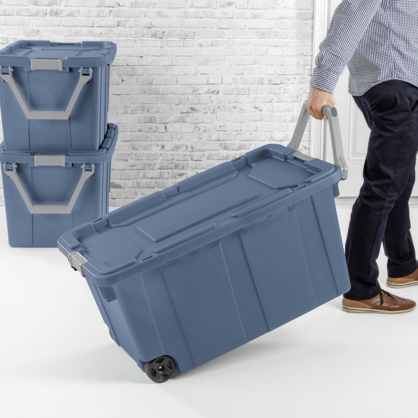 Sterilite Extra-Large Wheeled Industrial Storage Bin, 40 Gallon Durable Plastic Storage Tote with Latching Lid and Pull Handle, Blue, 2 Pack