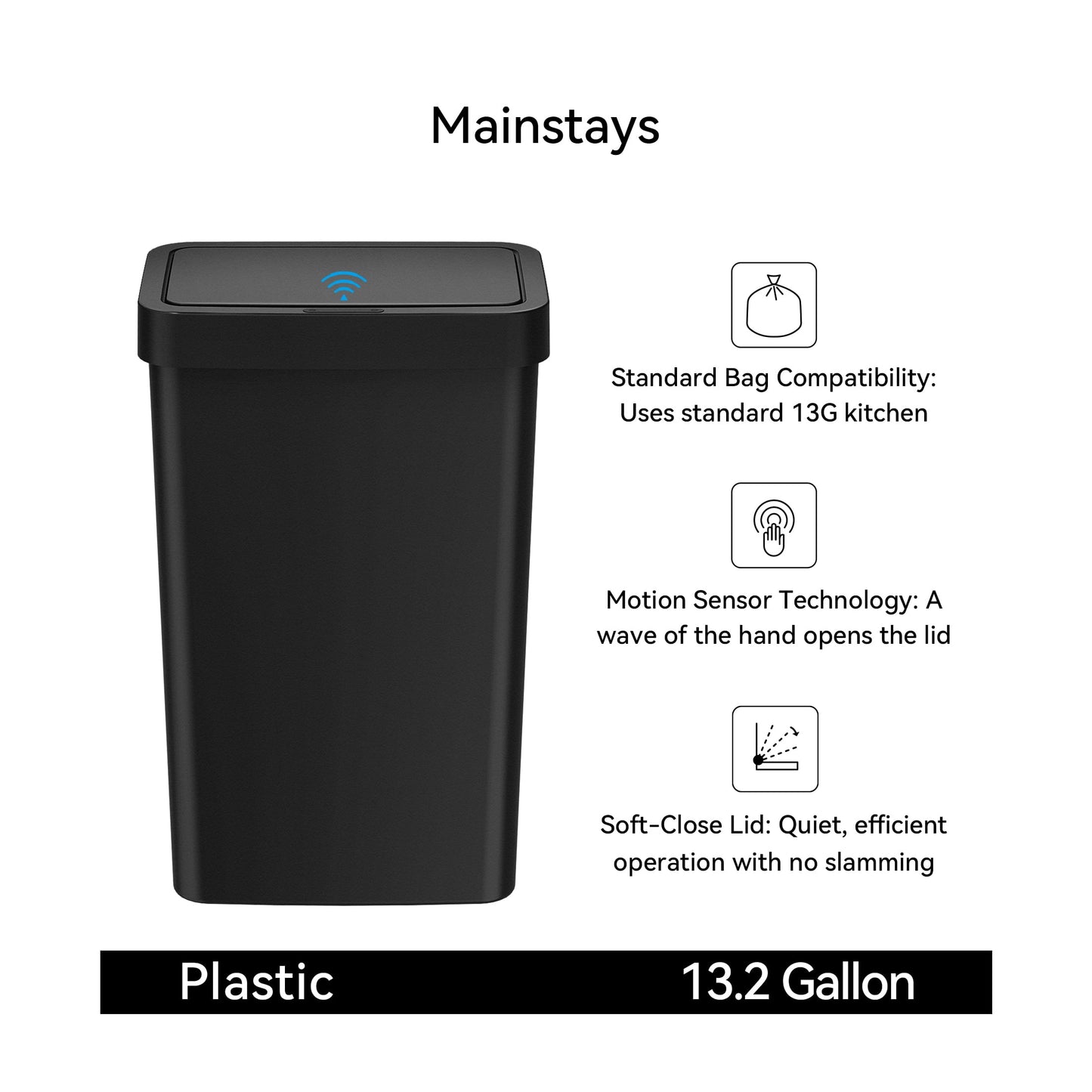 Mainstays Kitchen Automatic Trash Can, 13.2 Gallon Plastic Motion Sensor Garbage Bin, Black