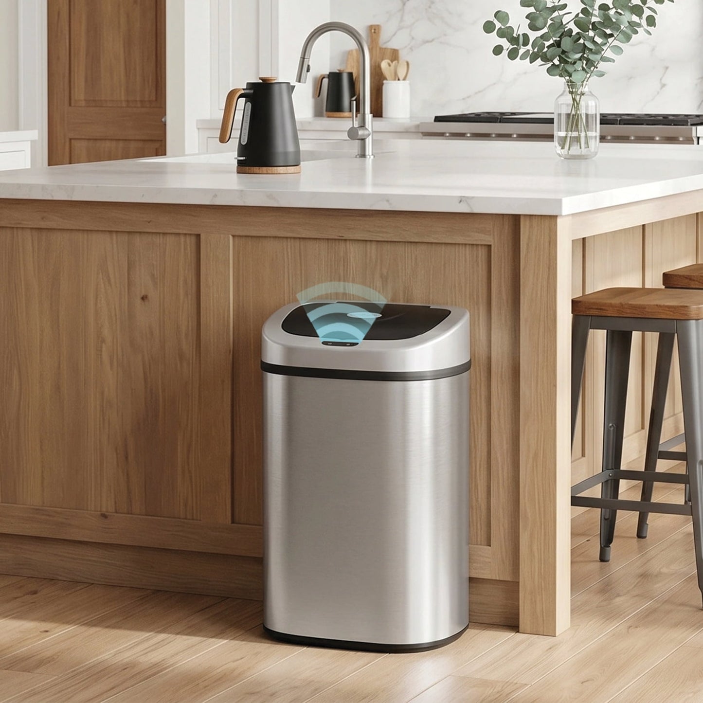 Nine Stars Automatic Trash Can, 21.1 Gallon Stainless Steel, Motion Sensor Hands Free Soft Close Lid Garbage Bin, Silver
