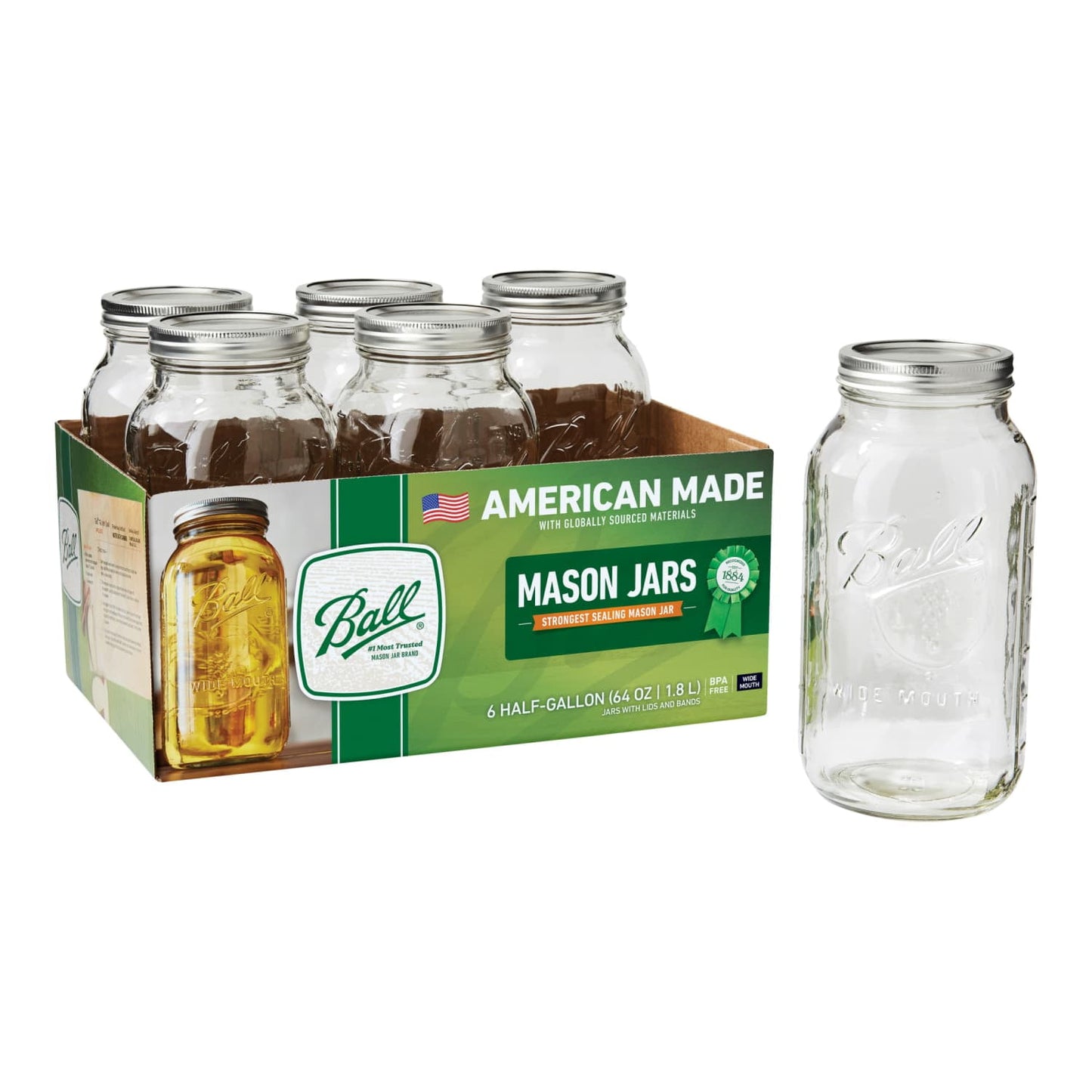 (4 pack) Ball Glass Mason Jar W/Lid & Band, Wide Mouth, 64 Ounces, 6 Count