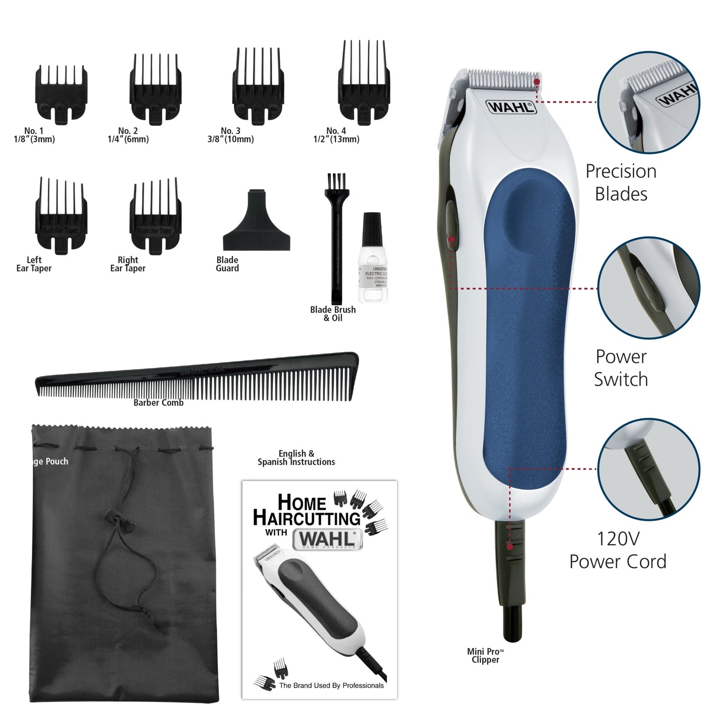 Wahl Mini Pro Touch Up Corded Trimmer Kit, Men or Women, 12pc, Blue - 9307