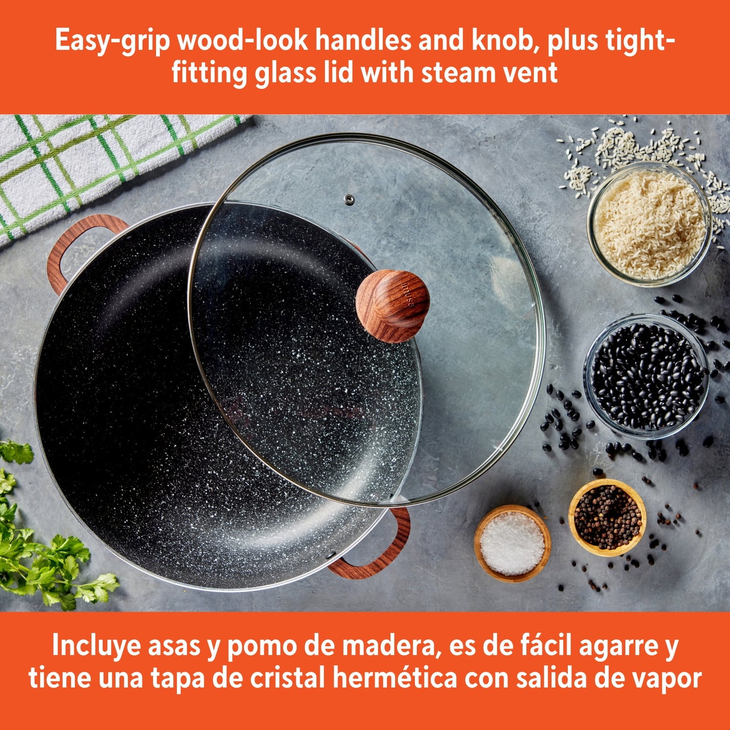 IMUSA 13.5qt Black Stone Aluminum Speckled Nonstick Caldero with Glass Lid & Wood Look Handles, Black