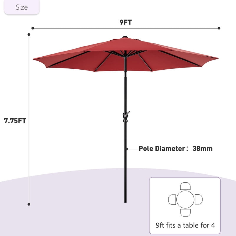Gianna 9-Foot Outdoor Patio Market Umbrella with Push Button Tilt and Crank, 8 Sturdy Ribs, Red, (1 Unit)