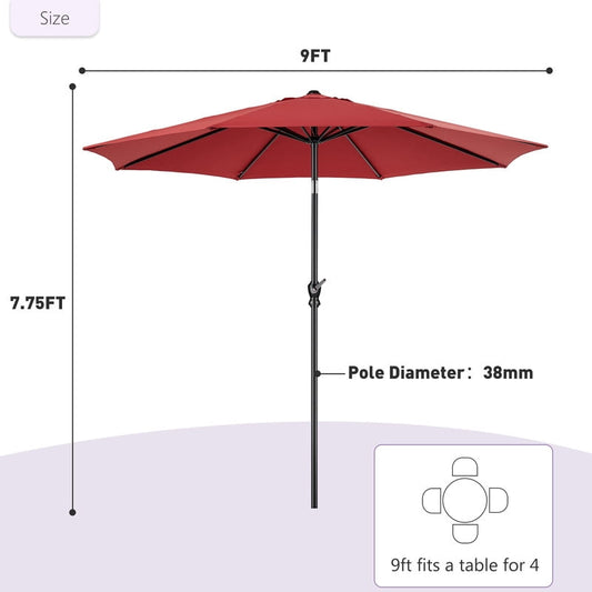 Gianna 9-Foot Outdoor Patio Market Umbrella with Push Button Tilt and Crank, 8 Sturdy Ribs, Red, (1 Unit)
