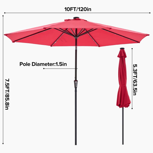 Gianna 10 ft Patio Umbrella for Table, Outdoor Sun Umbrella with 32 LED Solar Lights, Red