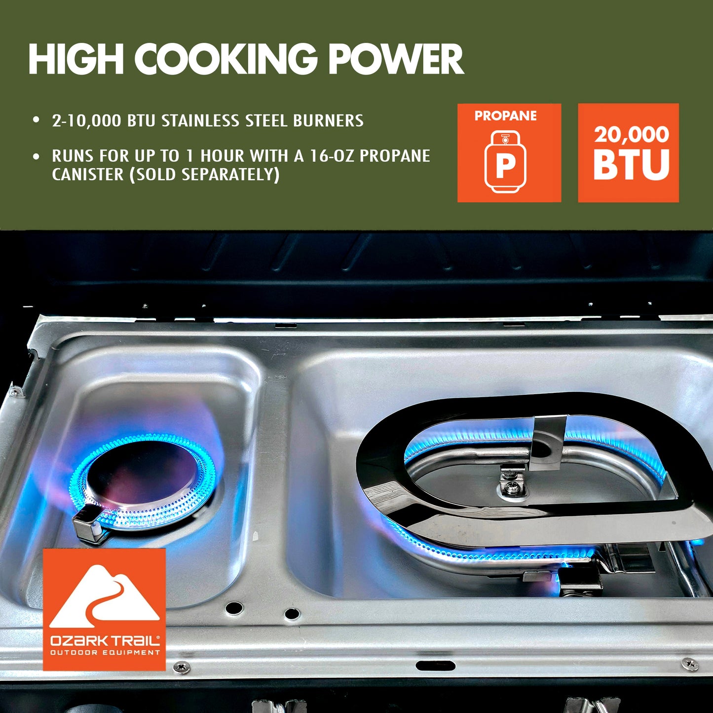 Ozark Trail 2 Burner Black Propane 2-in-1 Portable Camp Stove and Grill, Model GCT2220WD, New