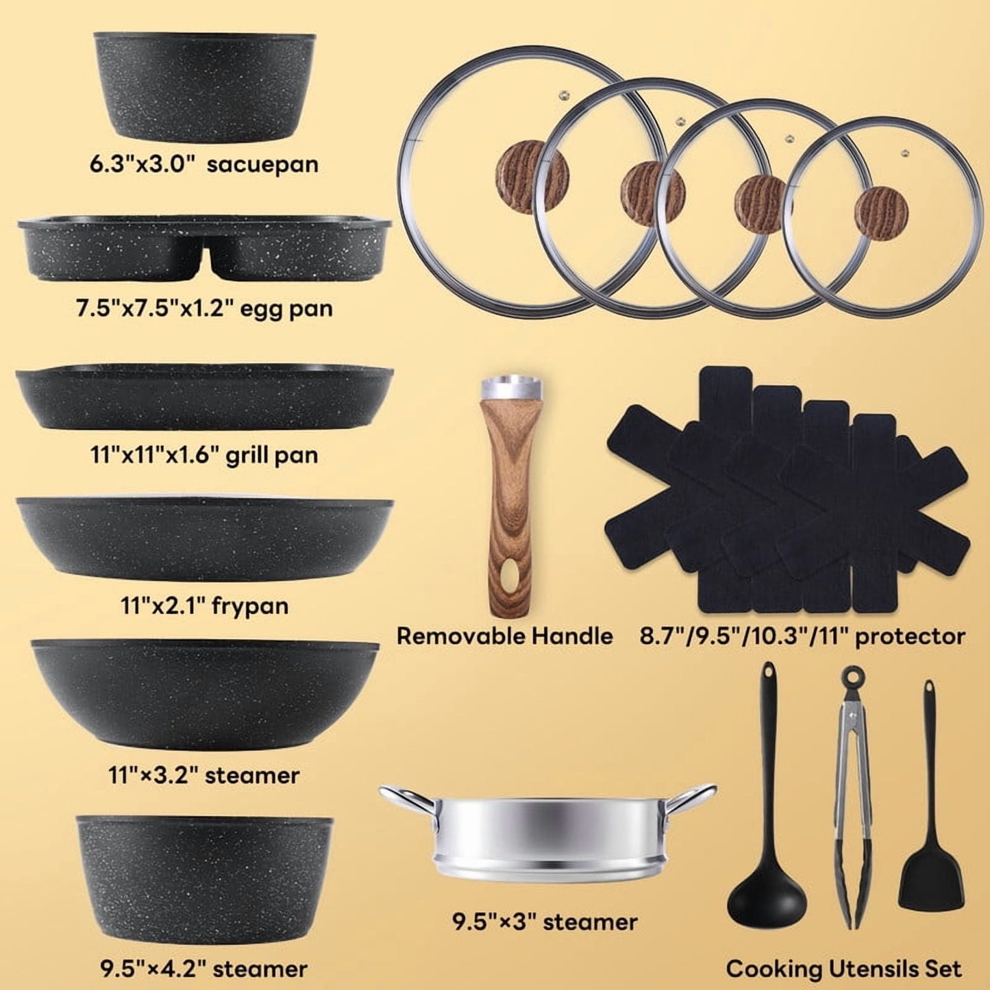 Gianna 17 Pcs Nonstick Pots and Pans, Non-toxic Kitchen Cooking Set with Stay-Cool Handles, Black