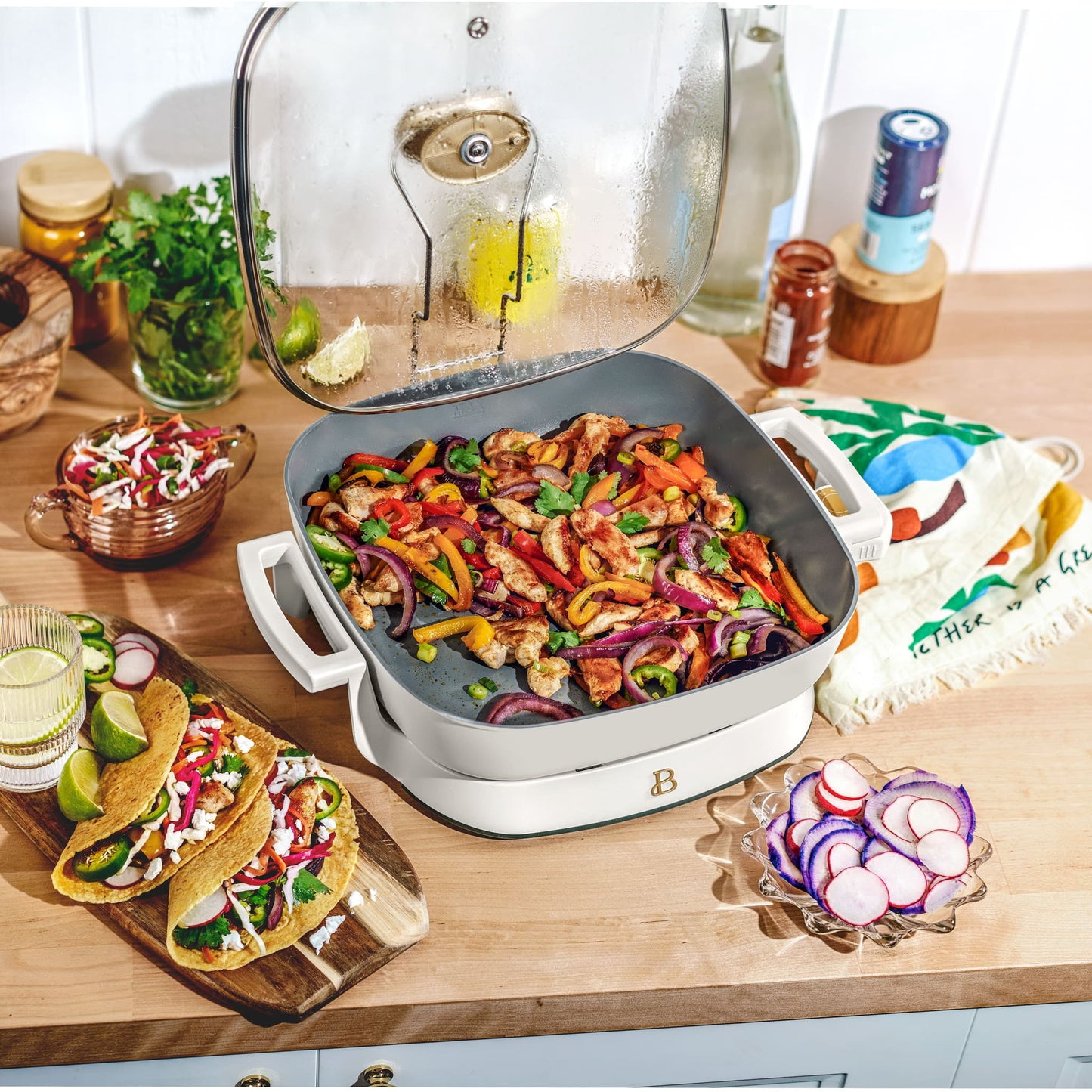 Beautiful 5 in 1 Electric Skillet - Expandable up to 7 Qt with Glass Lid, White Icing by Drew Barrymore