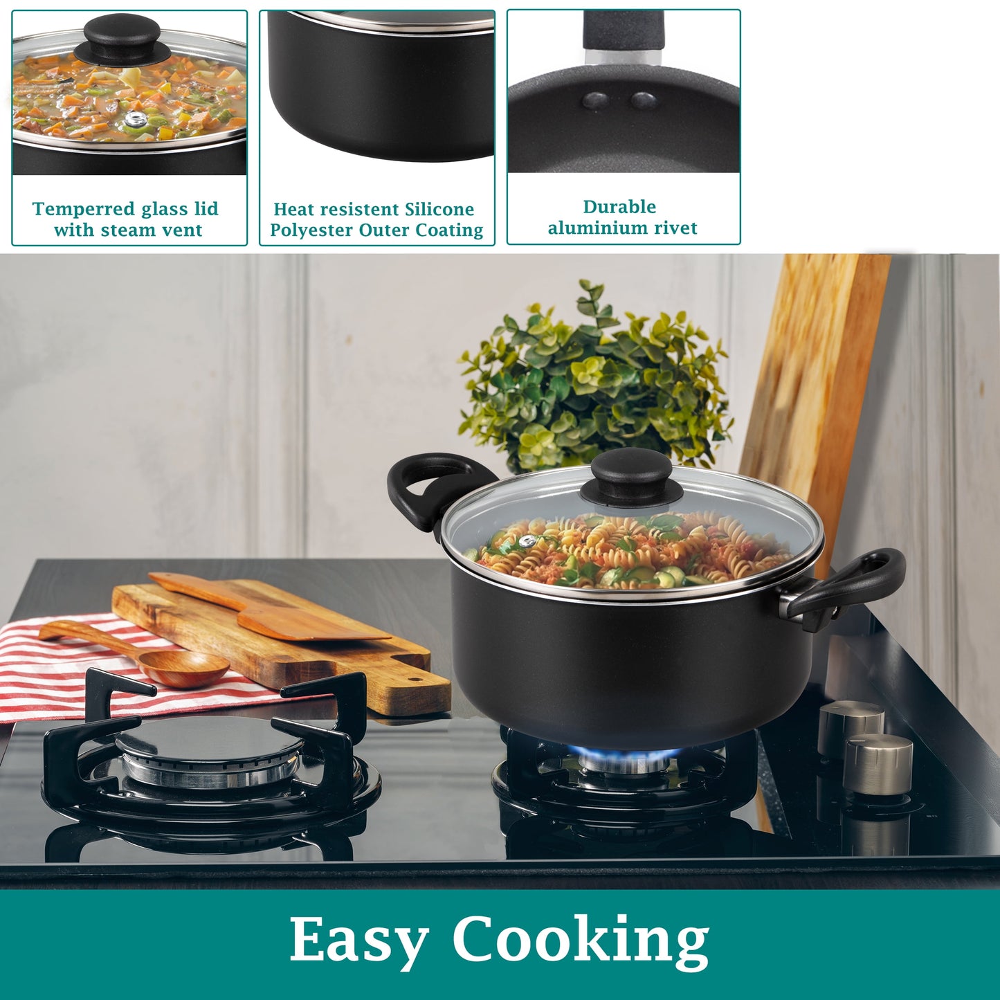 Mainstays 7 Piece Non Stick Aluminium, Pots and Pans Cookware Set, Black