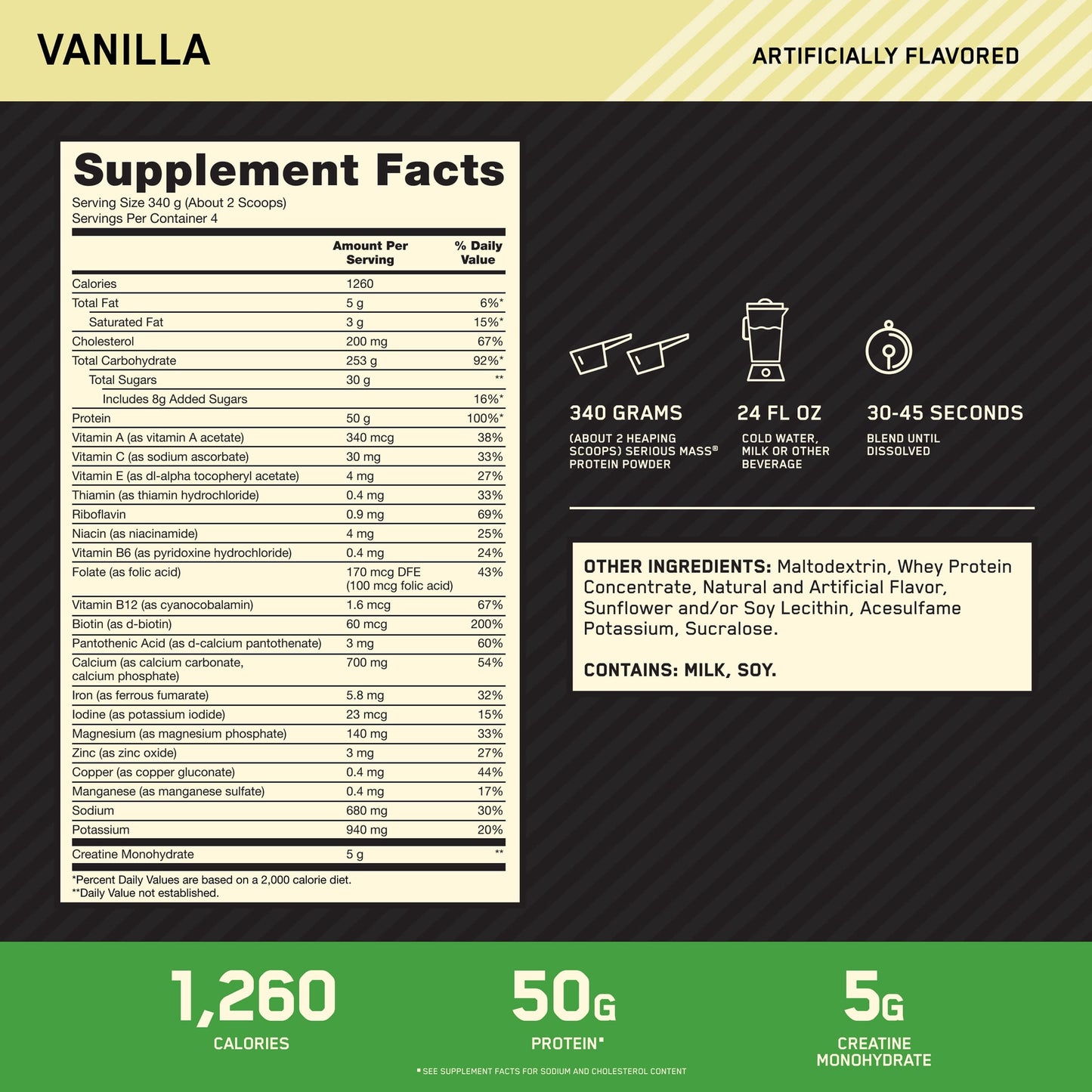 Optimum Nutrition Serious Mass, Vanilla, Weight Gainer Protein Powder, Mass Gainer, 3 lb
