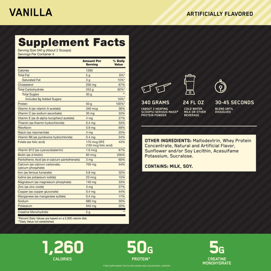 Optimum Nutrition Serious Mass, Vanilla, Weight Gainer Protein Powder, Mass Gainer, 3 lb