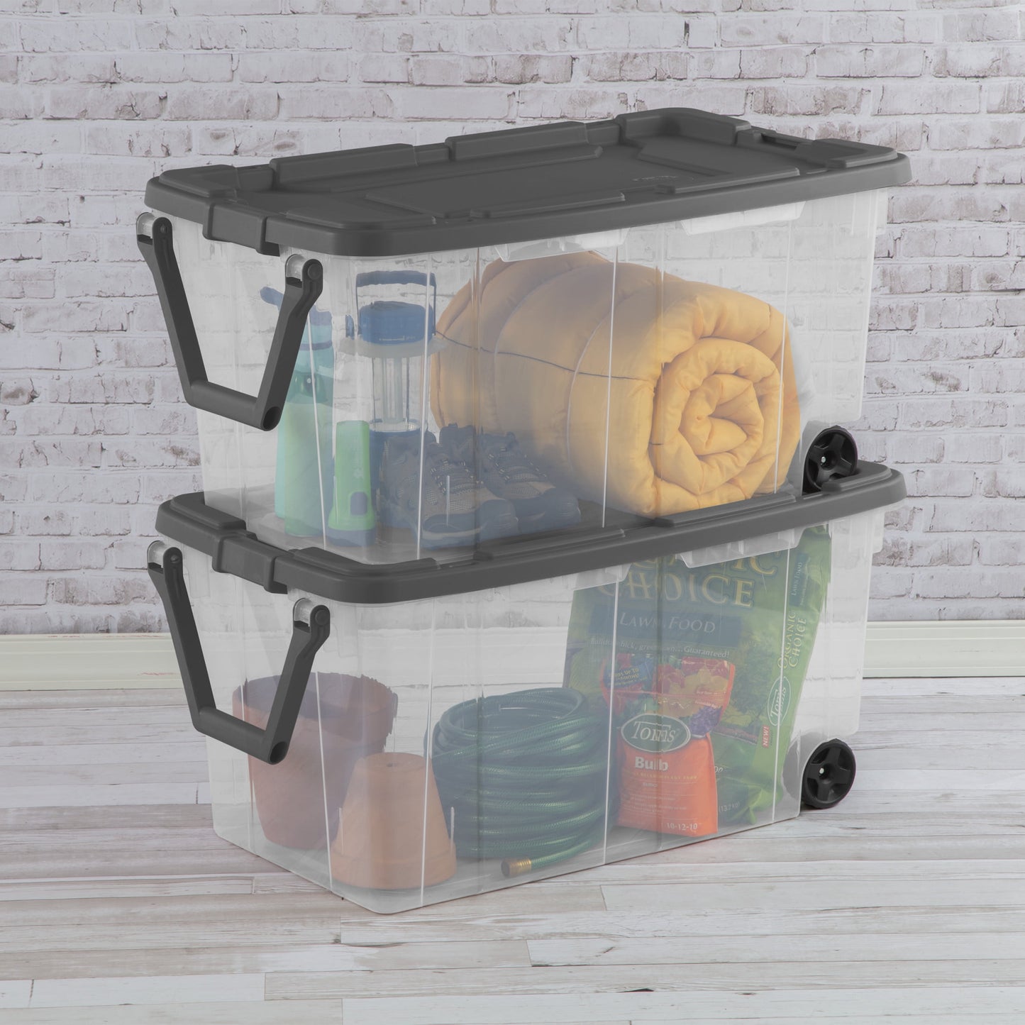 (2 pack) Sterilite 160 Quart Extra-Large Wheeled Storage Bin, Clear Storage Container with Latch Lid and Pull Handle, Durable, Dark Gray