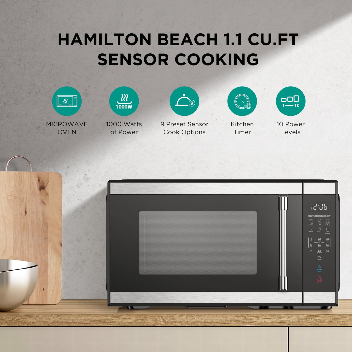 Hamilton Beach 1.1 Cu Ft Countertop Microwave Oven, Stainless Steel