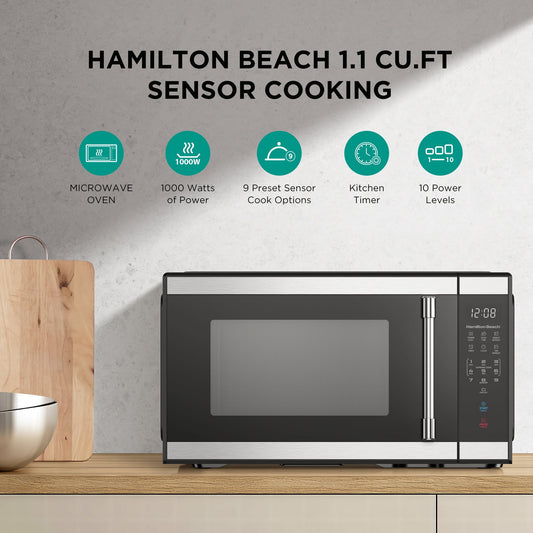 Hamilton Beach 1.1 Cu Ft Countertop Microwave Oven, Stainless Steel