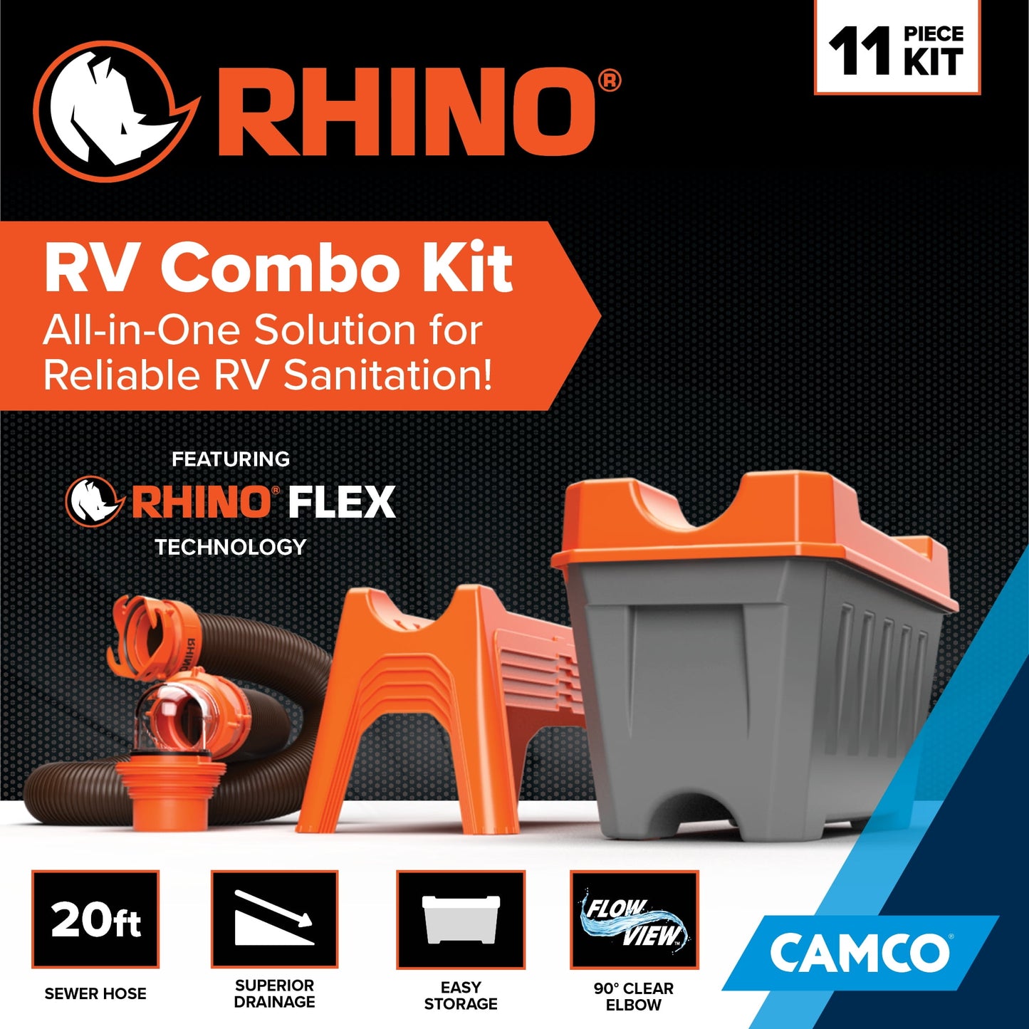 Camco Rhino 12-Piece RV Sewer Kit, 20-ft Sewer Hose & Storage Box, Orange