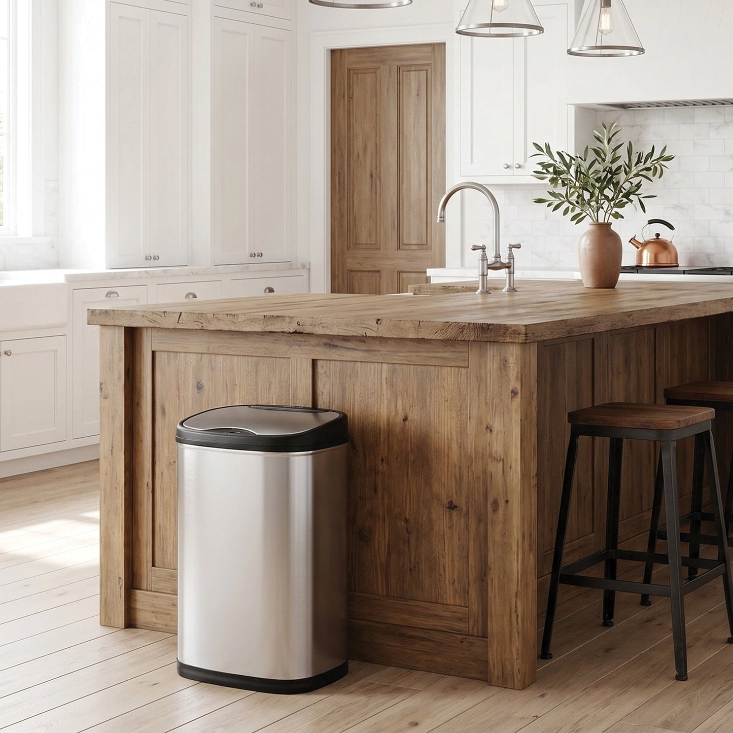 Nine Stars Automatic Kitchen Trash Can, 13.2 Gallon Stainless Steel, Motion Sensor Hands free Soft Close Lid Garbage Bin, Silver