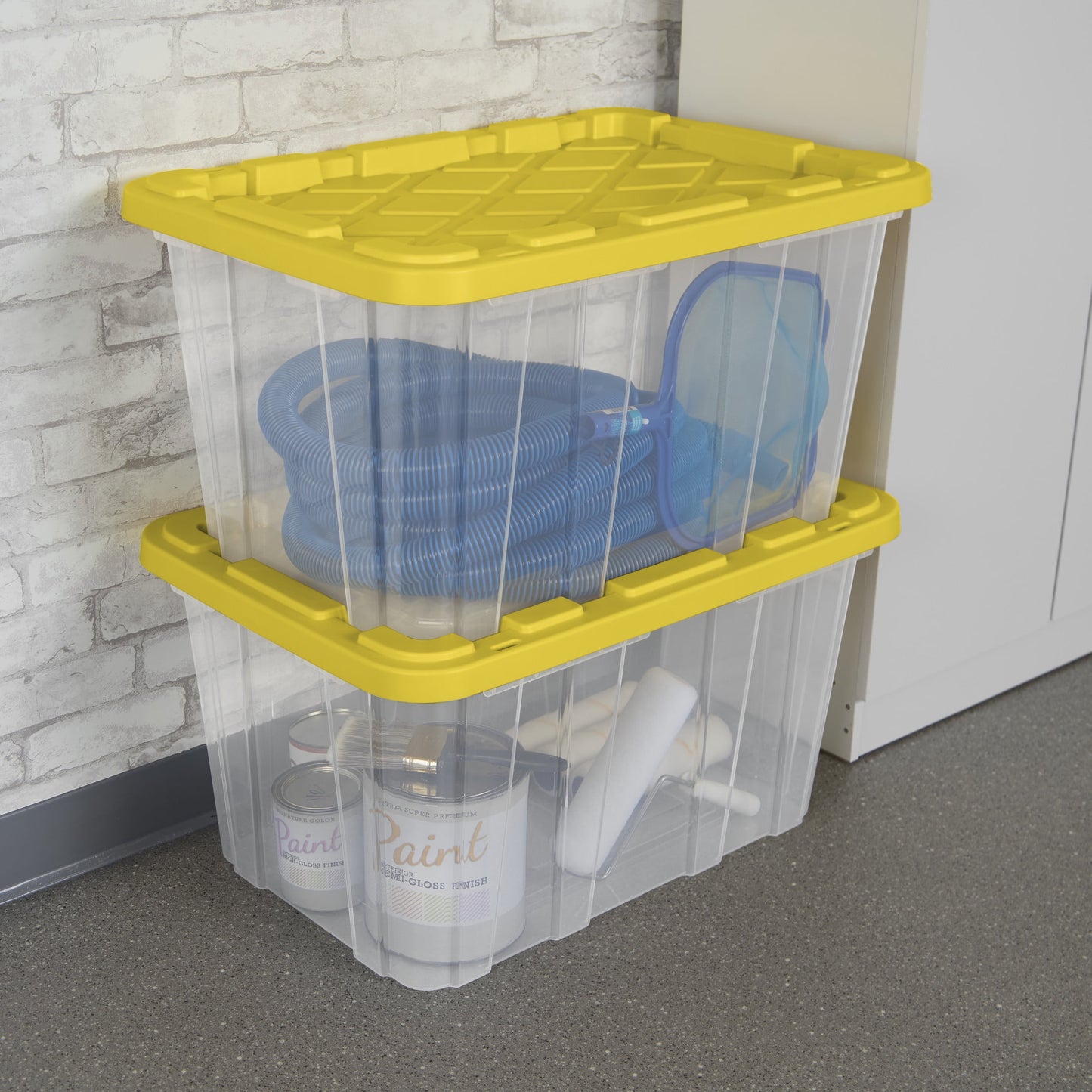 Sterilite Large Industrial Storage Tote, 27 Gallon Durable Clear Plastic Storage Bin with Snap-Fit Lid, Yellow, 4 Pack