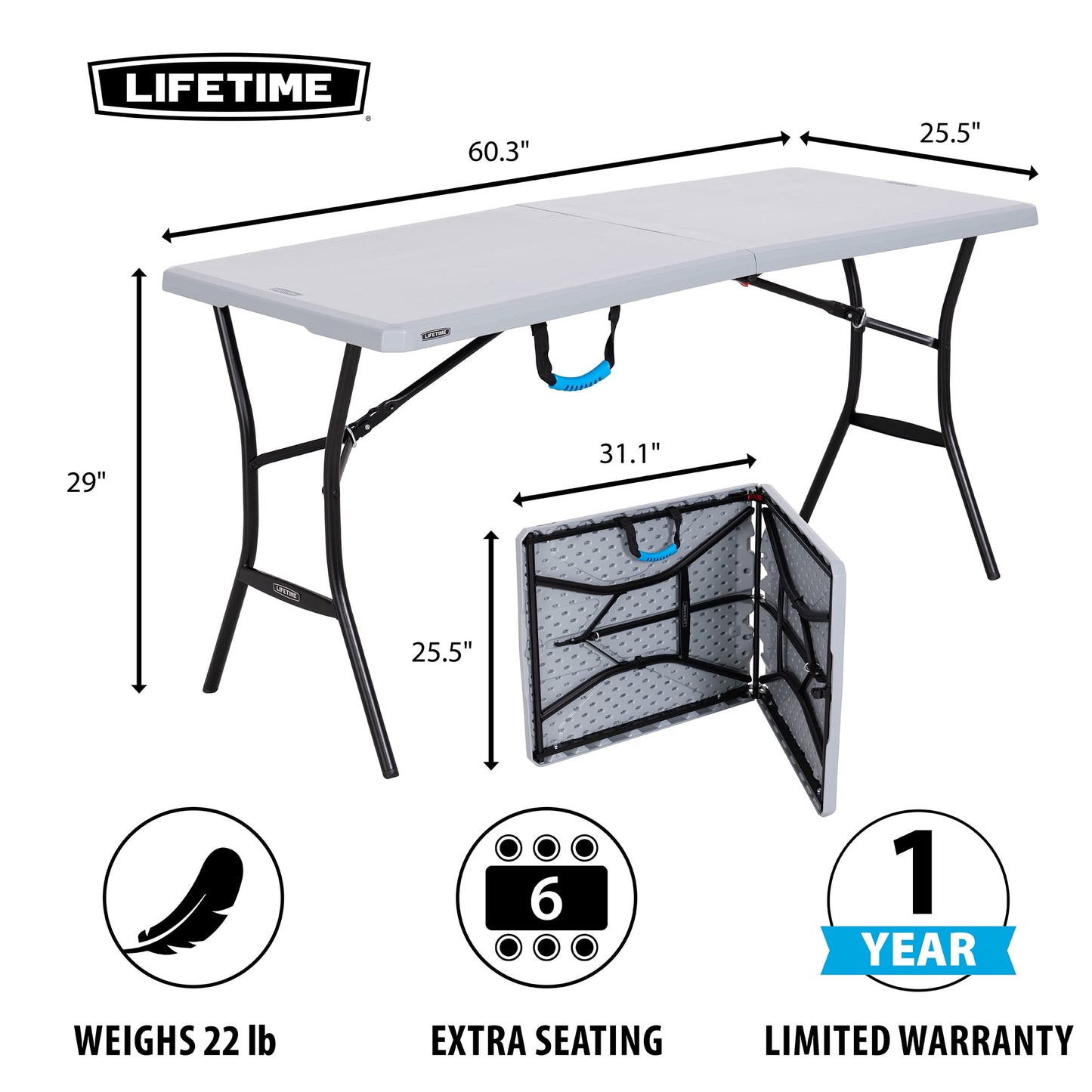 “Lifetime 5-Foot Fold-in-Half Table – Portable Indoor/Outdoor Utility Table for Camping, Events & Tailgating – Gray