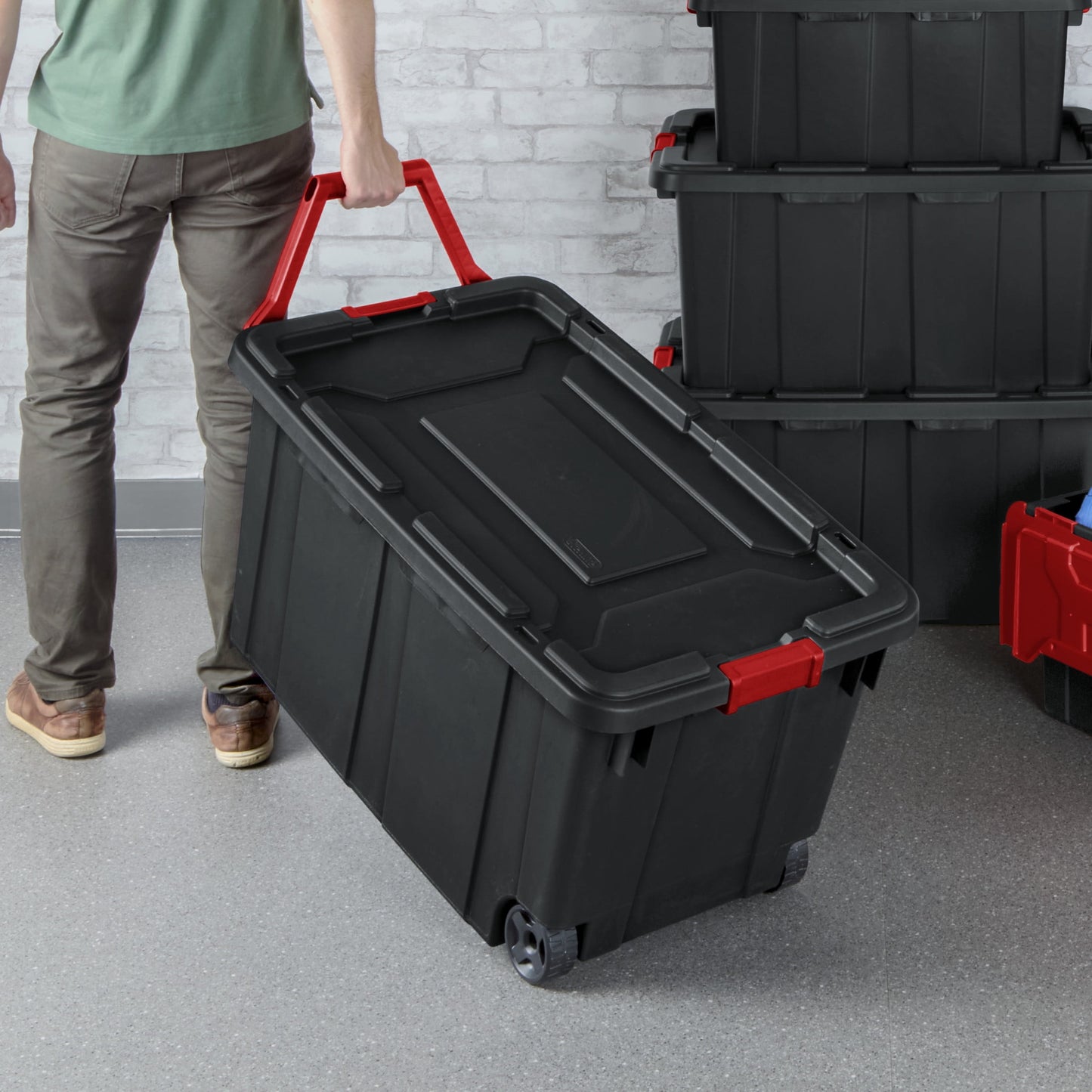 Sterilite Extra-Large Wheeled Industrial Storage Bin, 40 Gallon Durable Plastic Storage Tote with Latching Lid and Pull Handle, Black, 2 Pack