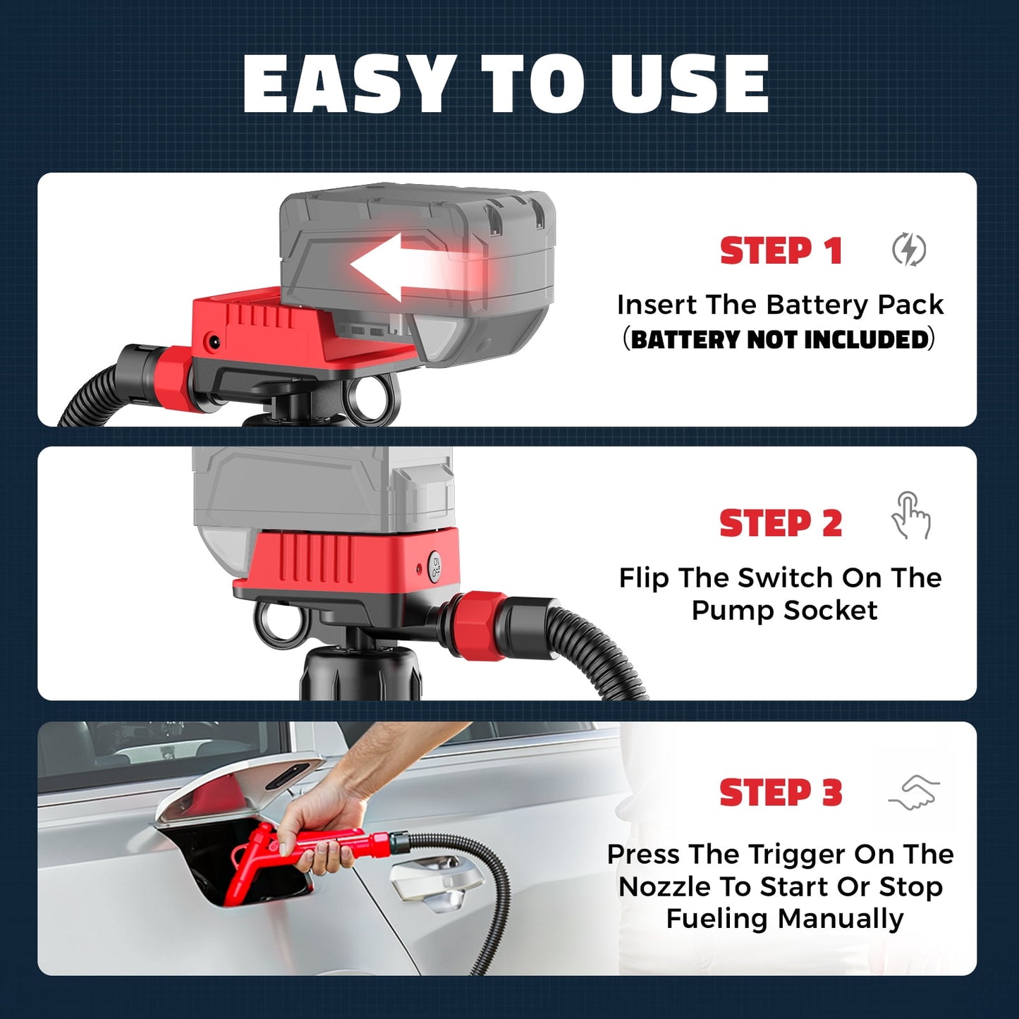 5 GPM Cordless Fuel Transfer Pump Compatible with DeWalt 20V & Milwaukee 18V Batteries, Portable Gas Can Pump with 51" Hose, 5 Adapters, Gas Pump for Diesel, Gasoline (Bare Tool)