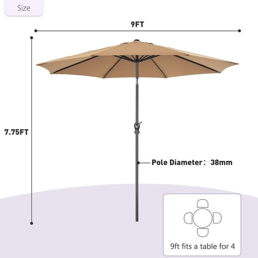 Gianna 9FT Outdoor Patio Umbrella Market Table Polyester Fabric Canopy with Push Button Tilt & Crank Iron Frame 8 Ribs UV Protection Waterproof