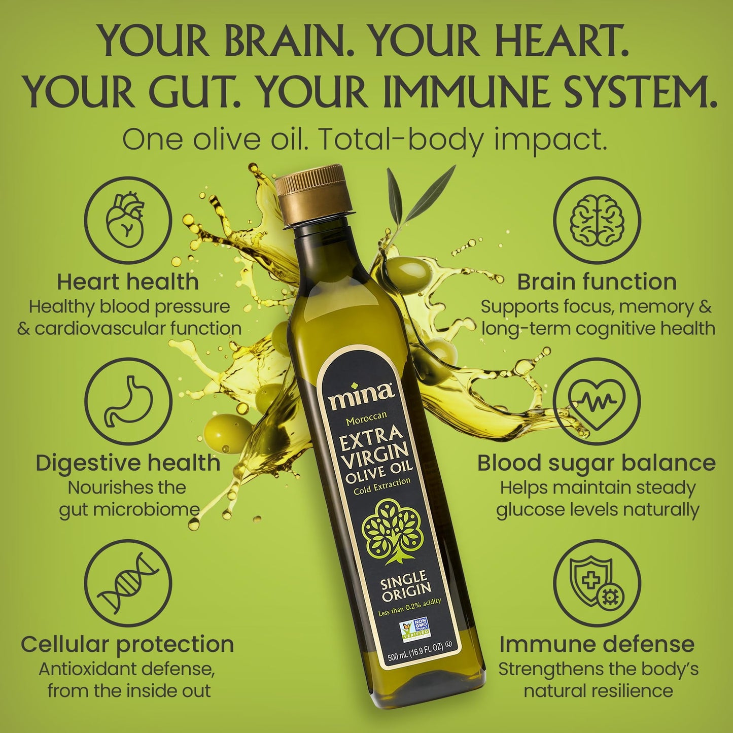 Mina Moroccan Olive Oil Extra Virgin 16.9 Fl Oz (Pack of 6), High Polyphenol Olive Oil, Single Origin Olive Oil 500 ml Each
