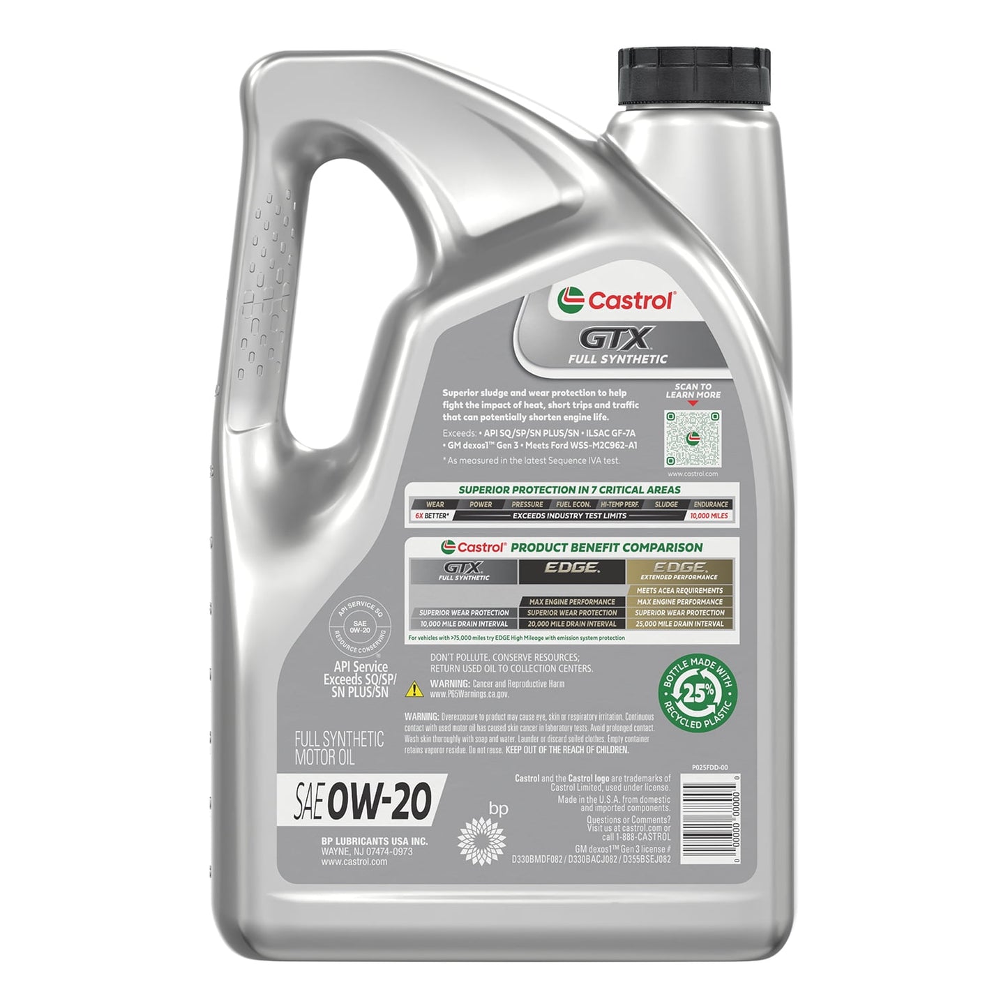 Castrol GTX Full Synthetic 0W-20 Motor Oil, 5 Quarts