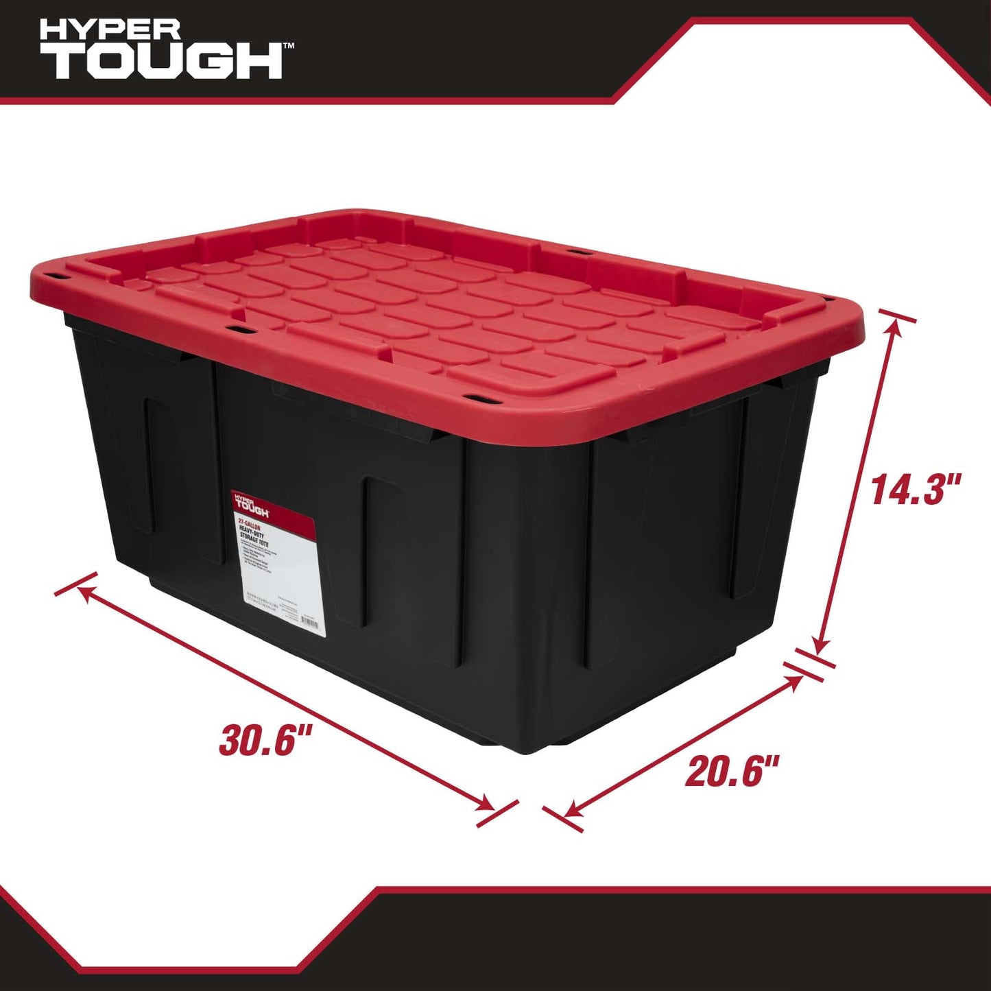 Hyper Tough 27 Gallon Large Storage Bin with Snap Lid, Black and Red, Heavy Duty Plastic Storage Container