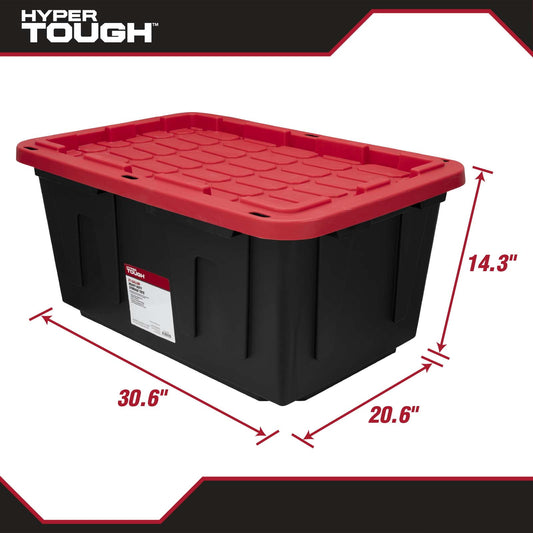 Hyper Tough 27 Gallon Large Storage Bin with Snap Lid, Black and Red, Heavy Duty Plastic Storage Container