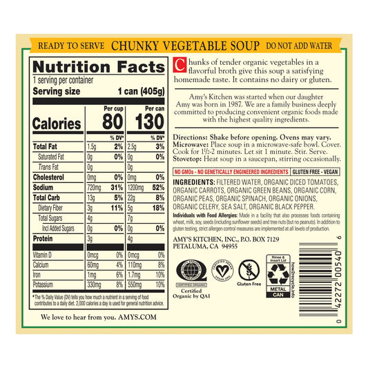 Amy’s Soup, Organic Chunky Vegetable Soup, Gluten Free, Made With Organic Vegetables, Canned Soup, 14.3 Oz
