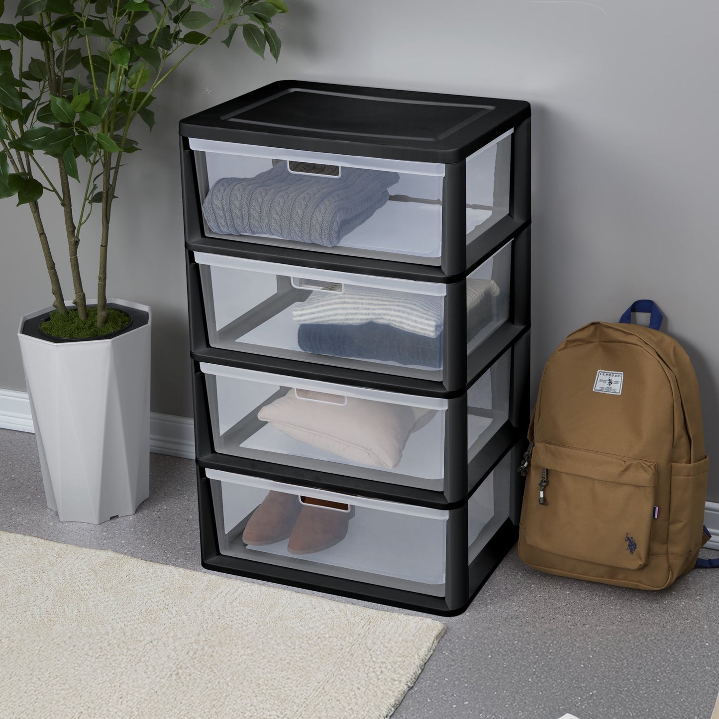 Sterilite Wide 4 Drawer Tower, Plastic Storage Organizer with Removable Clear Bins, Easy Assembly, No Tools Needed, Black