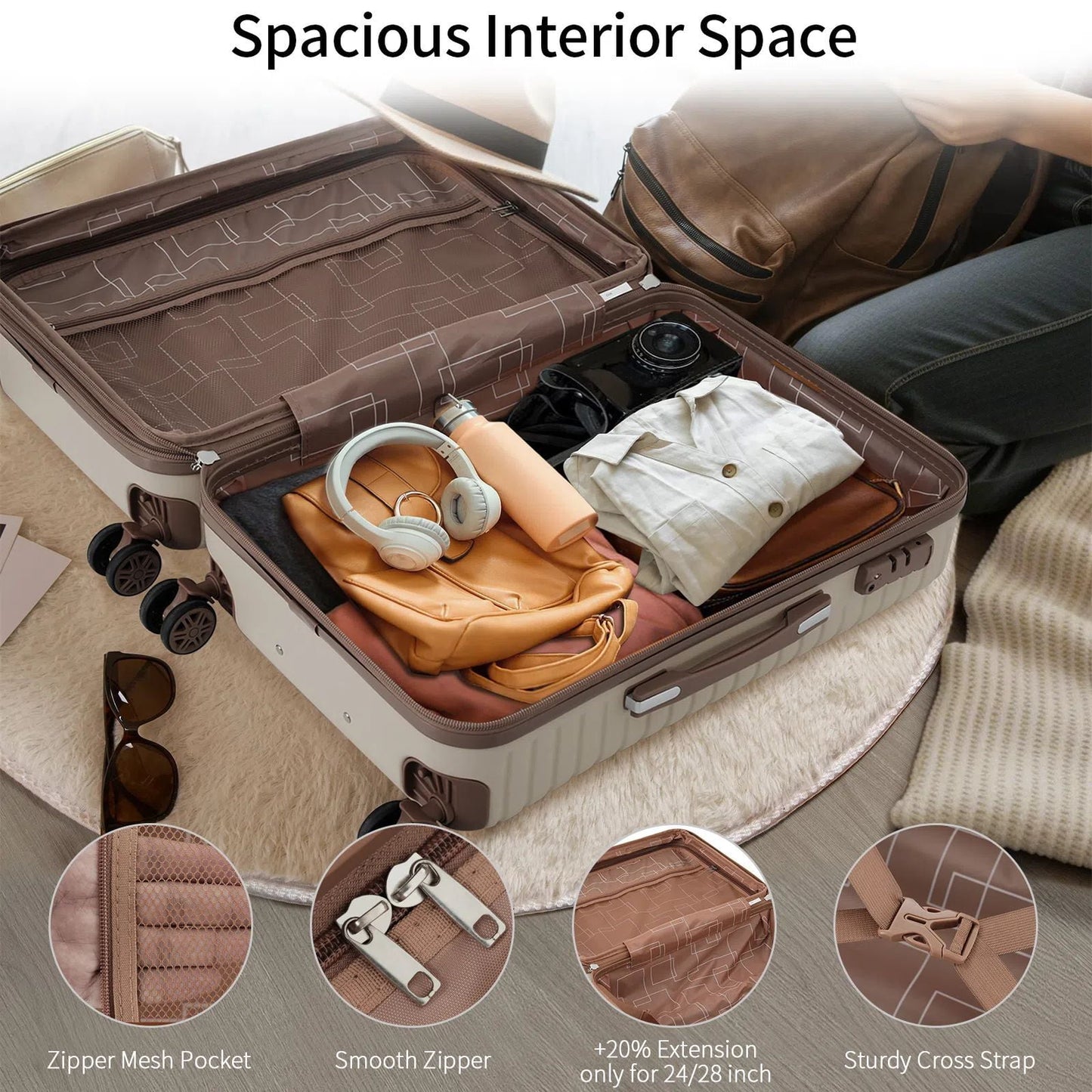 EUROCO 3 Piece Luggage Set, 20" Carry-on Suitcase with TSA Lock and Spinner Wheels, Lightweight Hardshell ABS Suitcase Set for Men Women,Khaki