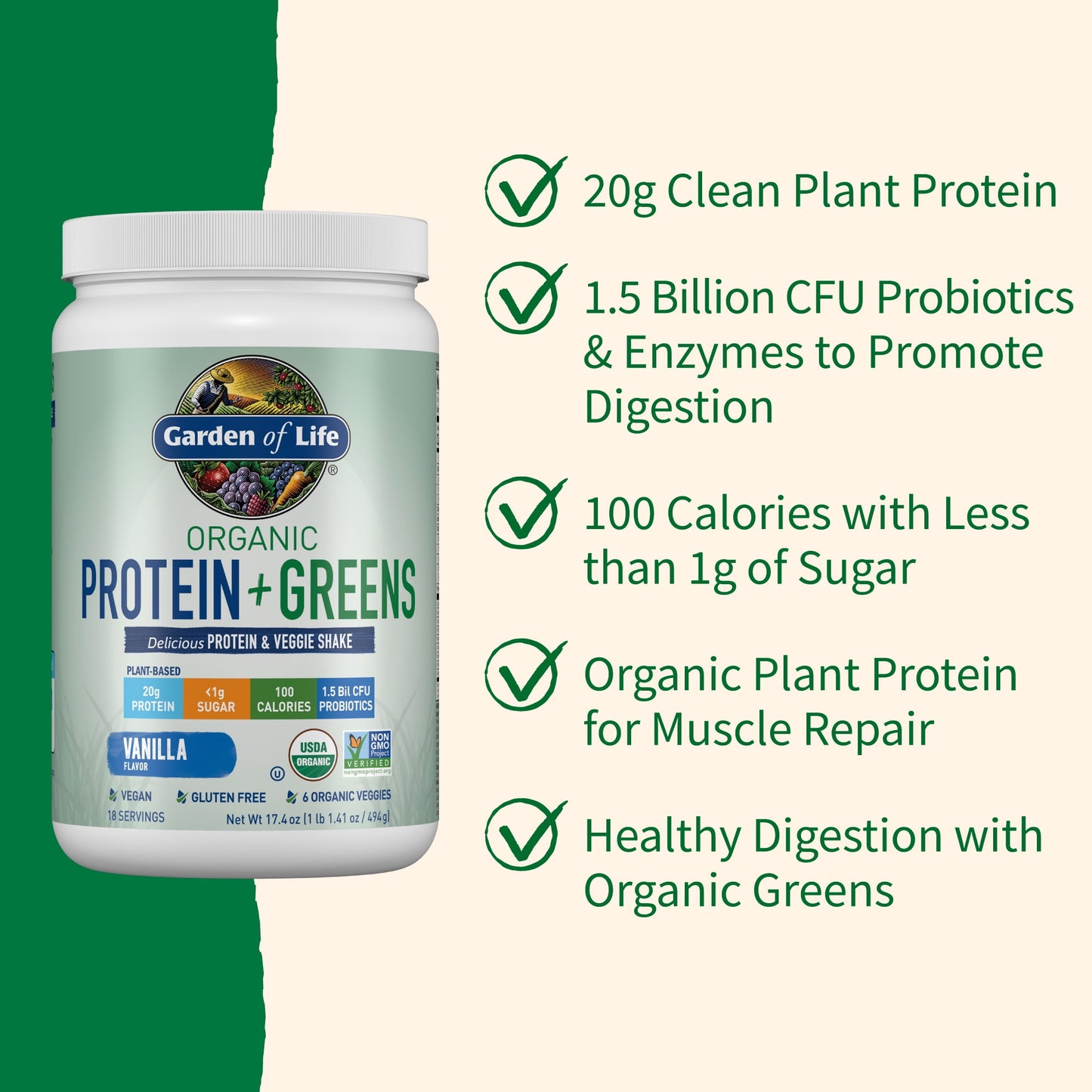 Garden of Life Organic Plant Based Greens Probiotic 20g Protein Shake Drink Powder for Digestive Gut Health, Vegan, Vanilla, 1.1lb